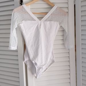 WHITE LEOTARD WITH DOT MESH SLEEVES